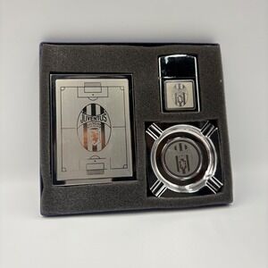 Juventus FC 3 Piece Smoking Gift Set Cigarette Case Lighter Ashtray Chrome Logo
